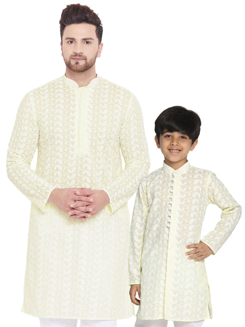 Vastramay Yellow Pure Cotton Chikankari Kurta Baap Beta Set